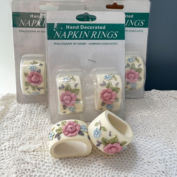 Vintage Napkin Rings Set of 8 Floral Pfaltzgraff in Floral Tea Rose - Picture 1 of 8